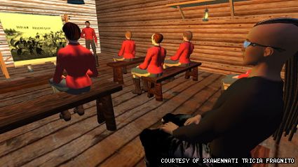Hunter sits in on an RCMP lantern show in Second Life as part of Skawennati Tricia Fragnitos first installment of <em>TimeTravellerTM</em>. 
